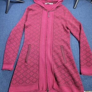 Athleta Wool Blend Fair Isle Pattern Full Zip Hooded Long Cardigan Sweater M